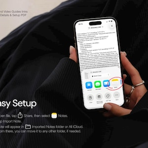 May include: A smartphone screen displays a 'Grocery List' with text and icons. The phone is held in a hand, with the screen showing a 'Notes' icon highlighted. The image includes the text 'Easy Setup' and instructions for importing notes.