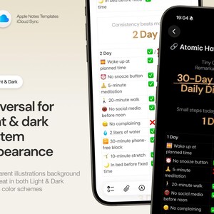 May include: Screenshots of a mobile app interface, showcasing a habit tracker with light and dark mode options. The app displays daily tasks with checkmarks and crosses, and the text "Atomic Habits" is visible.