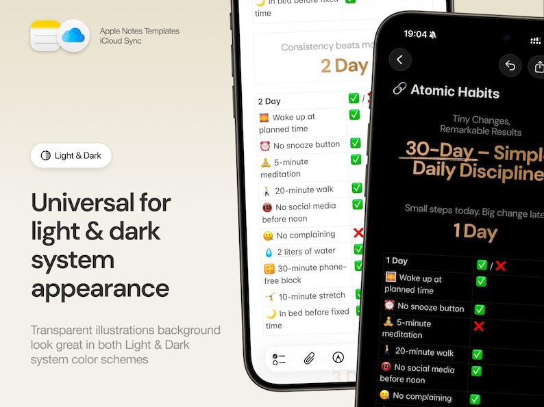 May include: Screenshots of a mobile app interface, showcasing a habit tracker with light and dark mode options. The app displays daily tasks with checkmarks and crosses, and the text "Atomic Habits" is visible.