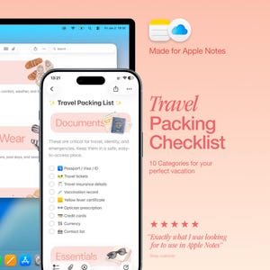 May include: A smartphone and laptop display a travel packing checklist, with categories like "Documents" and "Essentials." The app is designed for Apple Notes, with a pink and white color scheme. The text reads "Travel Packing Checklist."