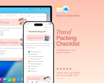 Plantilla de planificador de viajes: lista de verificación de itinerario de viaje para vacaciones (Apple Notes para iPhone, iPad, Mac).