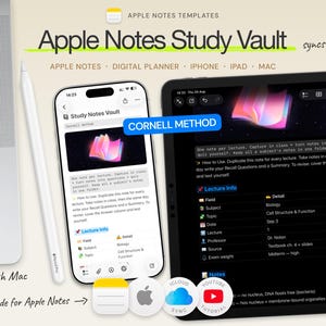 May include: A digital study template for Apple Notes titled Apple Notes Study Vault, displayed on a smartphone and tablet screen. The layout includes a Cornell Method section, lecture info tables, and icons for Apple, iCloud, and YouTube tutorials.