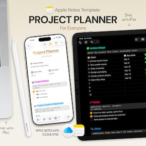Könnte beinhalten: Eine digitale Projektplaner-Vorlage für Apple Notes, die auf einem iPhone und iPad angezeigt wird. Das iPhone zeigt eine Projektübersicht, während das iPad die Handlungsschritte anzeigt. Ein Laptop und ein Stift sind ebenfalls sichtbar. Der Text lautet "PROJECT PLANNER For Everyone."