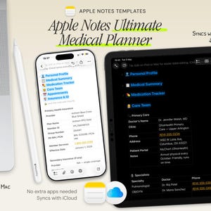 Medical Planner Template — Apple Notes Digital Health & Medication Tracker, iCloud Sync