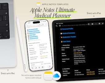 Medical Planner Template — Apple Notes Digital Health & Medication Tracker, iCloud Sync