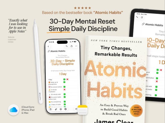 30 Day Mental Reset Habit Tracker — Atomic Habits Apple Notes Journal for iPhone, iPad & Mac
