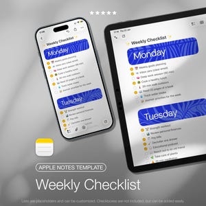 Puede incluir: Un smartphone y una tableta muestran una plantilla de lista de verificación semanal. Las pantallas muestran una pancarta azul con la palabra "Lunes" y una lista de tareas. La plantilla es para Apple Notes, con el texto "Weekly Checklist" en la parte inferior.