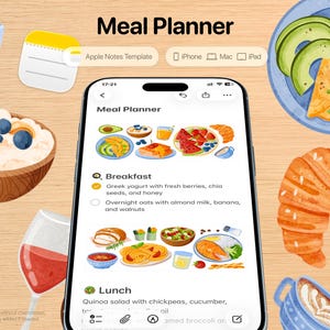 May include: A digital meal planner app on a smartphone screen, surrounded by illustrations of healthy food items like avocado, oatmeal, and a croissant. The app's interface displays a breakfast and lunch menu. The words "Meal Planner" are at the top.