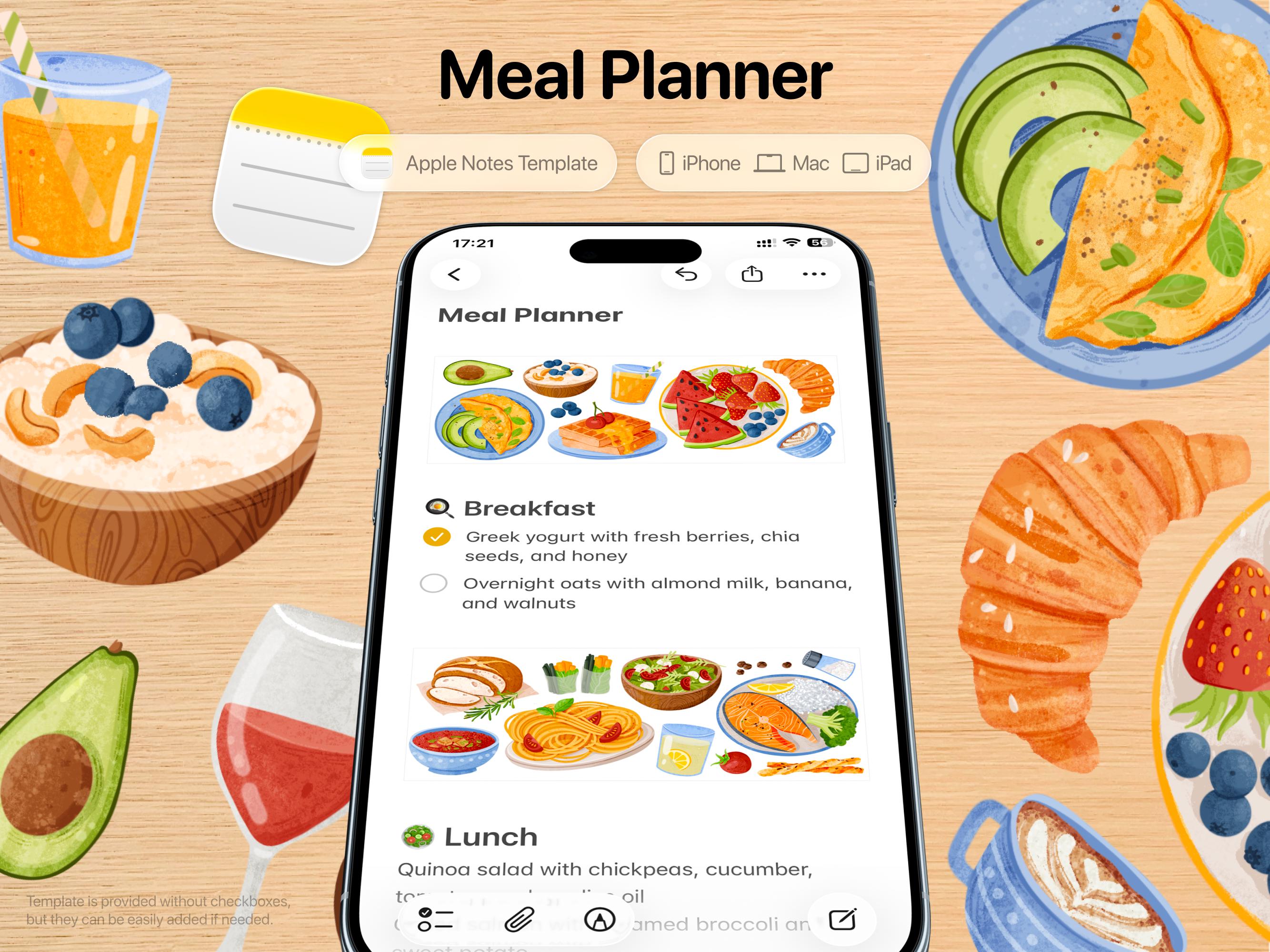 Food Plan Note Meal Planner Template – Weekly Food Breakfast Dinner Apple Notes Plan ...