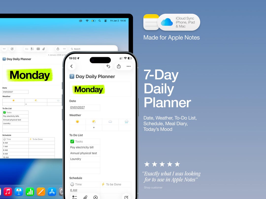 Apple Notes 7-day Daily Planner Template for iPhone iPad Mac, Weekly ...