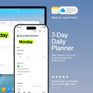 Puede incluir: Interfaz digital de una aplicación de planificador diario de 7 días que se muestra en una computadora portátil y un teléfono inteligente. La aplicación, hecha para Apple Notes, presenta una lista de tareas, un horario y actualizaciones meteorológicas. La palabra "Monday" está resaltada en amarillo.