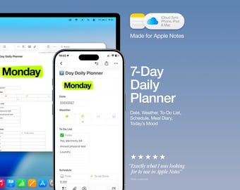 Plantilla de planificador diario de 7 días para Apple Notes (iPhone, iPad, Mac), planificador de productividad semanal con lista de tareas, horario, seguimiento del estado de ánimo y de las comidas.