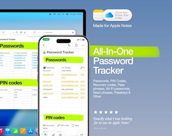 Plantilla de seguimiento de contraseñas - Inicios de sesión Wifi Organizador de Apple Notes para iPhone, iPad y Mac