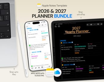Paquete de agenda digital de dos años 2026 + 2027 — Diseño semanal de Apple Notes para iPhone, iPad y Mac