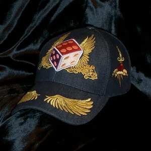 Embroidered Denim Men Baseball Cap Dice of Zeus Glam Rock Rebel Hat image 1