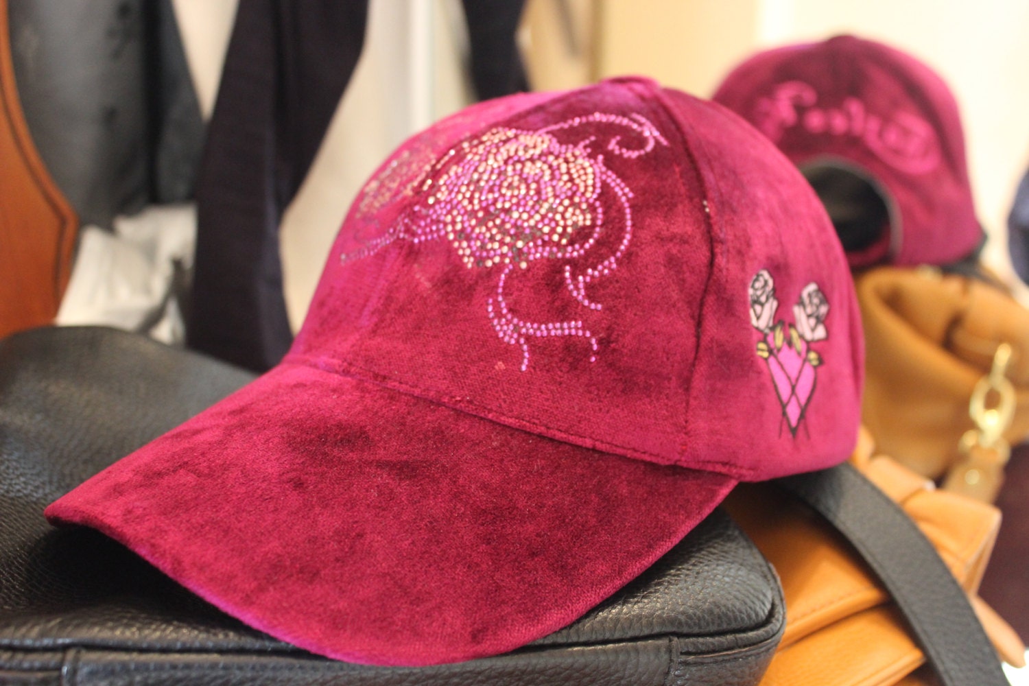 Women Baseball Hat Roses Flower Design Crystals Embroidery 