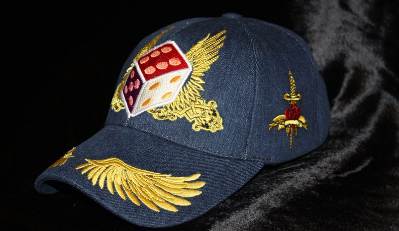 Embroidered Denim Men Baseball Cap Dice of Zeus Glam Rock Rebel Hat image 5