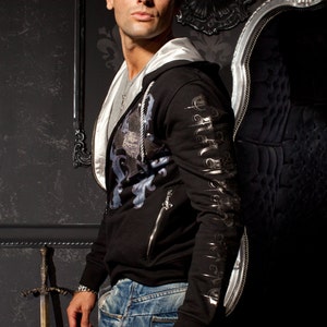 Gothic Cross Men Hoodie Glam Rock Clothing for Men Black Silver Long Sleeve Serigraphy Embroidery Elastic Satin Lining