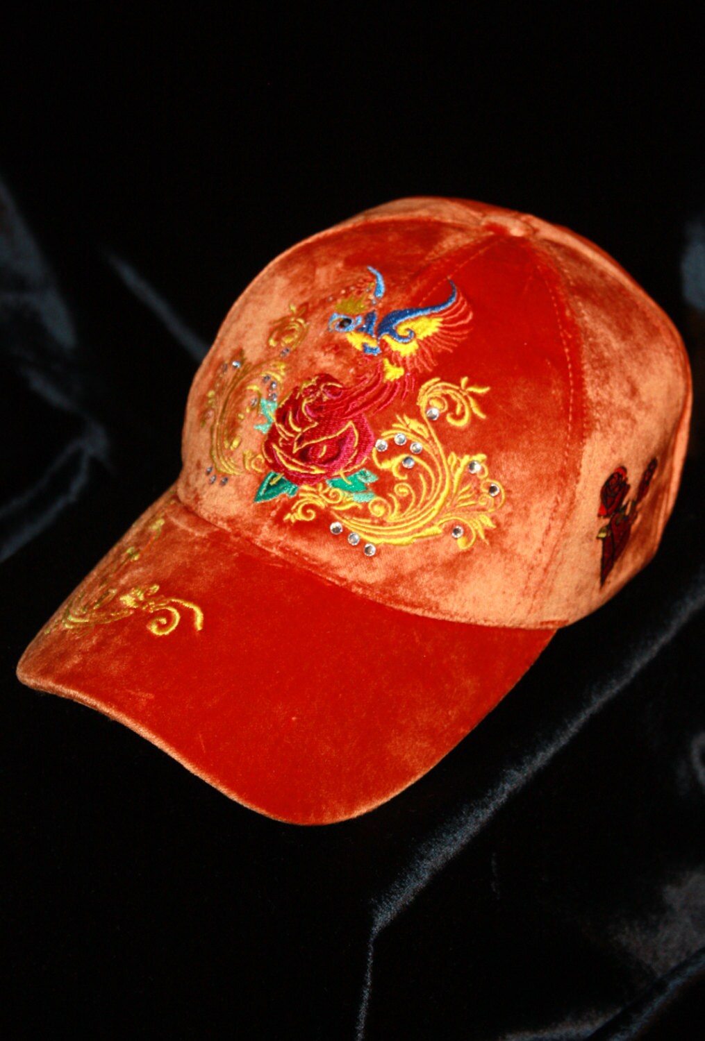 Orange Baseball Cap Queen Bird Silk Velvet Embroidery Glam Rock Rebel