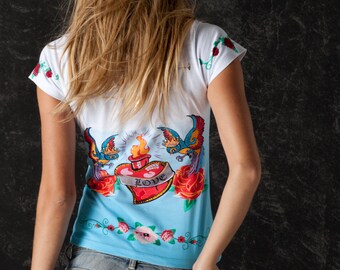 T-shirt Round Neck Women in Love Rebel Chic Round Neck Floral Design