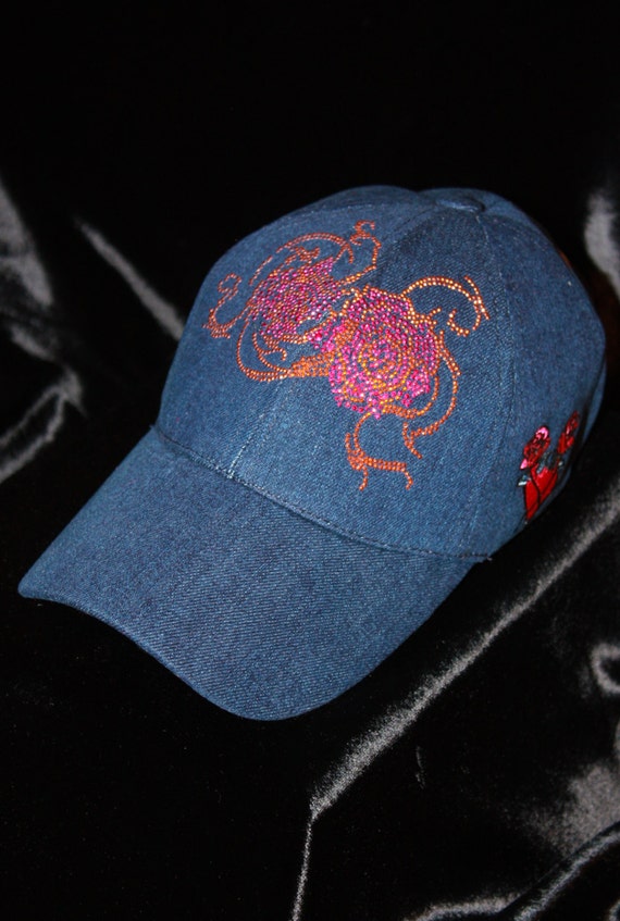 PINK VS ROSES EMBROIDERY BLING BASEBALL CAP Baseball Cap Women Sparkle Hat Roses Crystal Glam Rock  main image 3