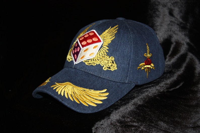 Embroidered Denim Men Baseball Cap Dice of Zeus Glam Rock Rebel Hat image 3