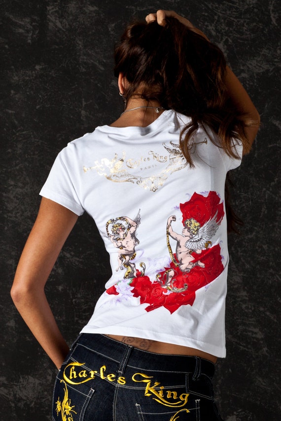 グラムロックレディースTシャツ天使とバラホワイトカラークール 