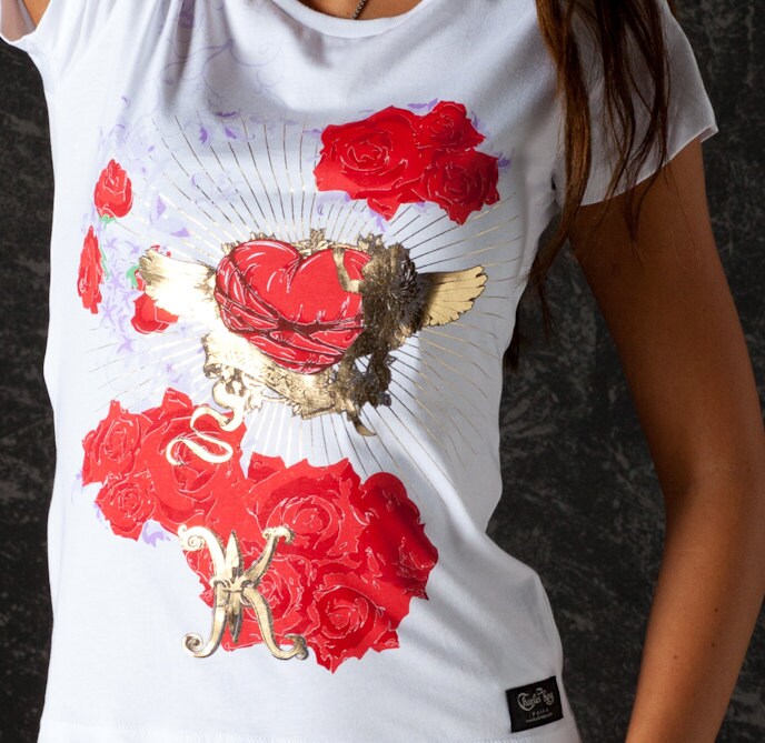 グラムロックレディースTシャツ天使とバラホワイトカラークール 
