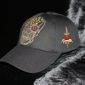 Sugar Skull Baseball Cap Men Black Gabardine Metal Inserts Glam Rock Clothing Urban Wear