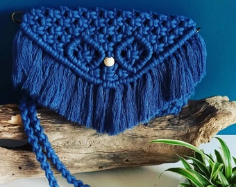 Midnight blue macrame woven pouch with fringes, snap closure, boho fashion, ethnic bag.
