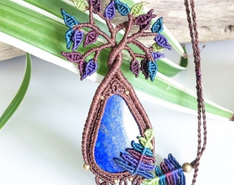 Tree of Life Necklace in Micromacramé and Lapis Lazuli: "Essence of Nature", Leaves and Fern, Ethnic Style, Boho