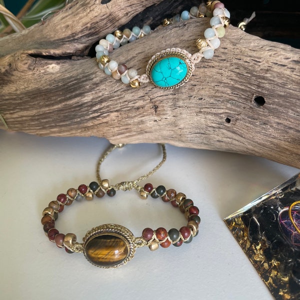 Bracelets fins en perles et micromacramé, minimalistes, pierres naturelles jaspe Picasso, amazonite, cabochons œil de tigre shamballa