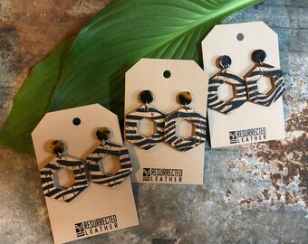 Zebra and Natural Cork Leather Earrings with Tortoise Shell Studs