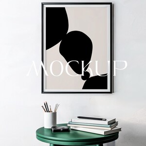 Framed Poster Mockup. PSD Template. Vertical frame3x4 ratio. Cozy White, Green, Black Interior with Sunlight. Wood Frame, White Floor. 017