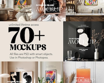 Unlimited lifetime access to all current & all future mockups from the shop. Framed Poster Mockup Bundle. Cozy, Nordic, Loft, Boho Interiors