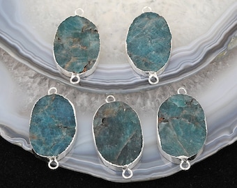 3-10pcs Large Blue Apatite Slab Connectors Handmade Bracelet,Raw Apatite Gemstones Slice Beads Silver Edged Links for Jewelry Making Bulk