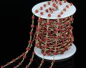 5mm Red Lava Round Beads Rosary Chains Crafts Bracelet,10 Feet Lava Chain Plated Bronze Wire Wrapped Chains Making Necklace Wholesale