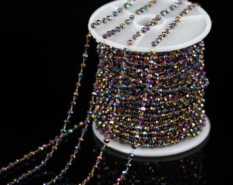 10 Feet Tiny Faceted Glass Chains Findings,2x3mm Small Glass Rainbow Titanium AB Glass Rondelle Beads Rosary Chains Fine Jewelry Supply