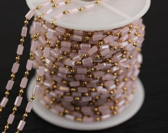 10feet Rose Quartz Color Glass with Bronze Charms Copper Pink Glass Wire Wrapped Rectangle Glass Beaded Chains Fine Jewelry Findings 3x5mm