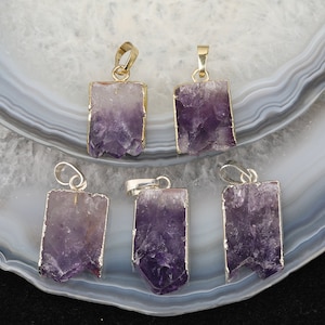 3-10pcs Raw Amethyst Druzy Rectangle Slice Pendants DIY Necklace,Natural Amethyst Quartz Gold/Silver Edged Crystal Charms for Jewelry Making