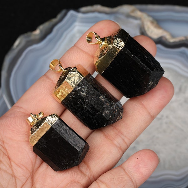 3-10pcs Large Black Tourmaline Pendants Healing Necklace,Raw Tourmaline Nugget Charms Plated Gold Caps Chunky Pendant for Jewelry Making