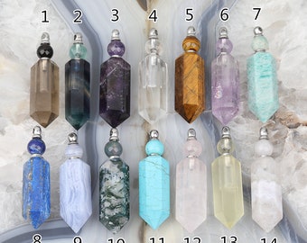14 kinds stone sale,Hexagon Perfume Bottle Pendant Necklace,Faceted Stick Points Perfume Bottle Boho Charms Beaded Silver Chain Necklace