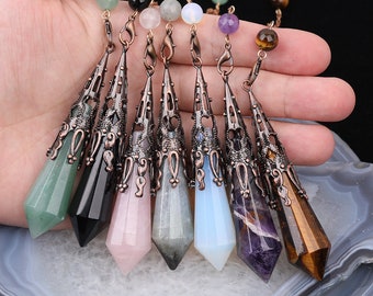 1-10pcs Boho Style Point Pendulum,Faceted Stick Gemstones Beads Spike Points Antique Brass Charms Pendant Pendulum,Point Long Chain Pendulum