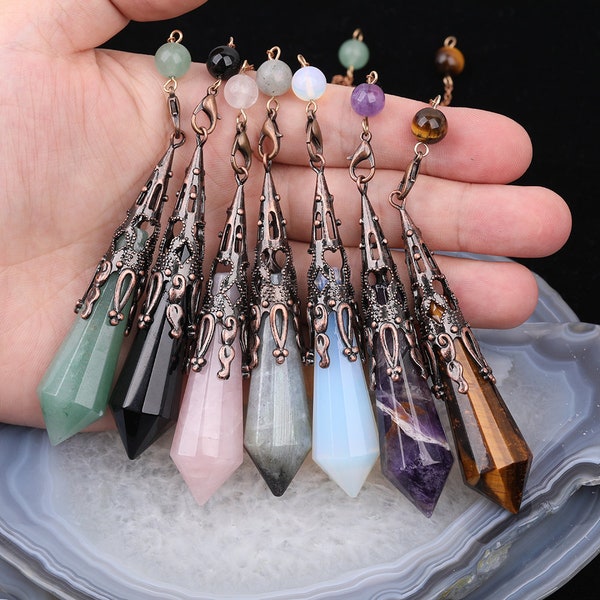 1-10pcs Boho Style Point Pendulum,Faceted Stick Gemstones Beads Spike Points Antique Brass Charms Pendant Pendulum,Point Long Chain Pendulum