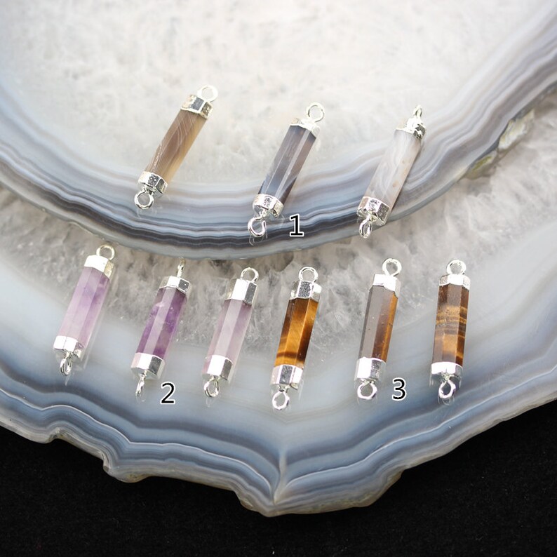 3 Stones choice,Agate Amethyst Tiger Eye Cylinder Circle Tube Beads Pendant,Silver Plated Double Bail Connector Pendant Jewelry Suppler
