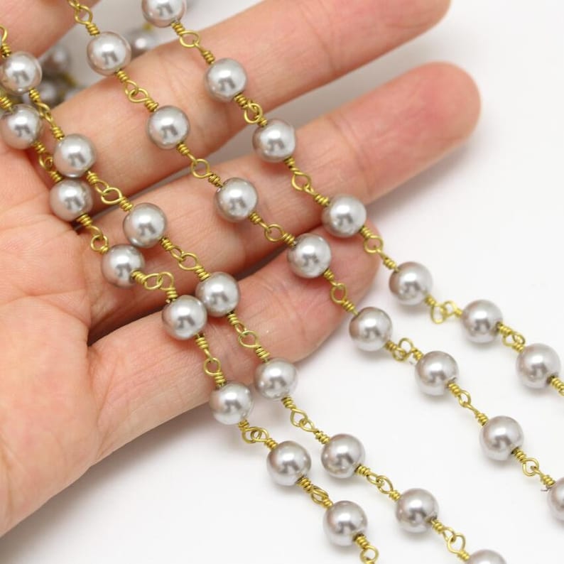 10Feet HOT Silver Grey Pearl Glass Round Beads Rosary Chains,6mm Smooth Pearl Wire Wrapped Bronze Plating Chains Findings
