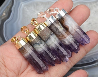 3-10pcs Raw Amethyst Druzy Tube Nuggets Pendants Necklace,Natural Amethyst Quartz Gold/Silver Caps Crystal Charms for Jewelry Making Bulk