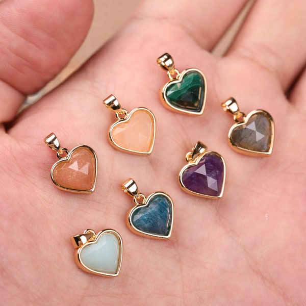 Gemstone Heart Pendants in Electroplated Gold,Mini Stone Heart Beads,Gemstone Pendant Connector Charms for Necklace DIY Jewelry Making