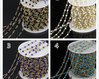 10 feet 2x3mm Tiny Glass Chain Jewelry,Rosary Faceted Rondelle Beads Plated Gold Brass Wire Wrapped Link Necklace,Small Glass Quartz Supply