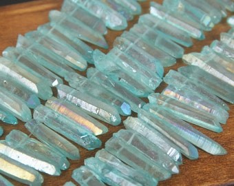 Full strand Natural Sky Blue Mystic Titanium Quartz Stick Points,Rough Quartz Raw Crystals Top Drilled Gems Spike Pendants Supplies Necklace